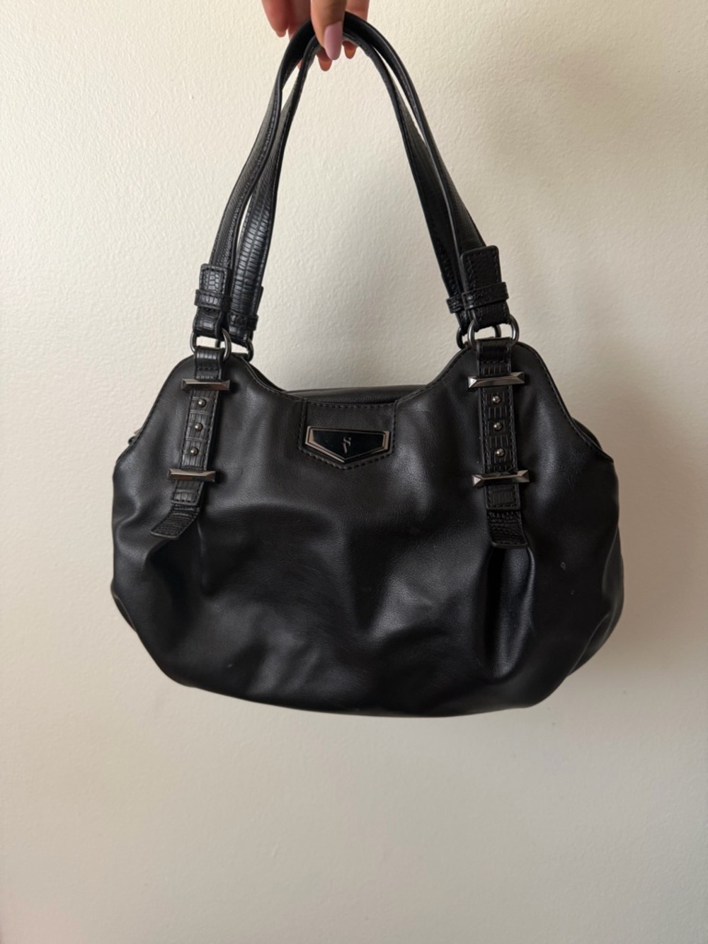 Simply Vera Vera Wang Black Leather Shoulder Bag with Buckle Accents
